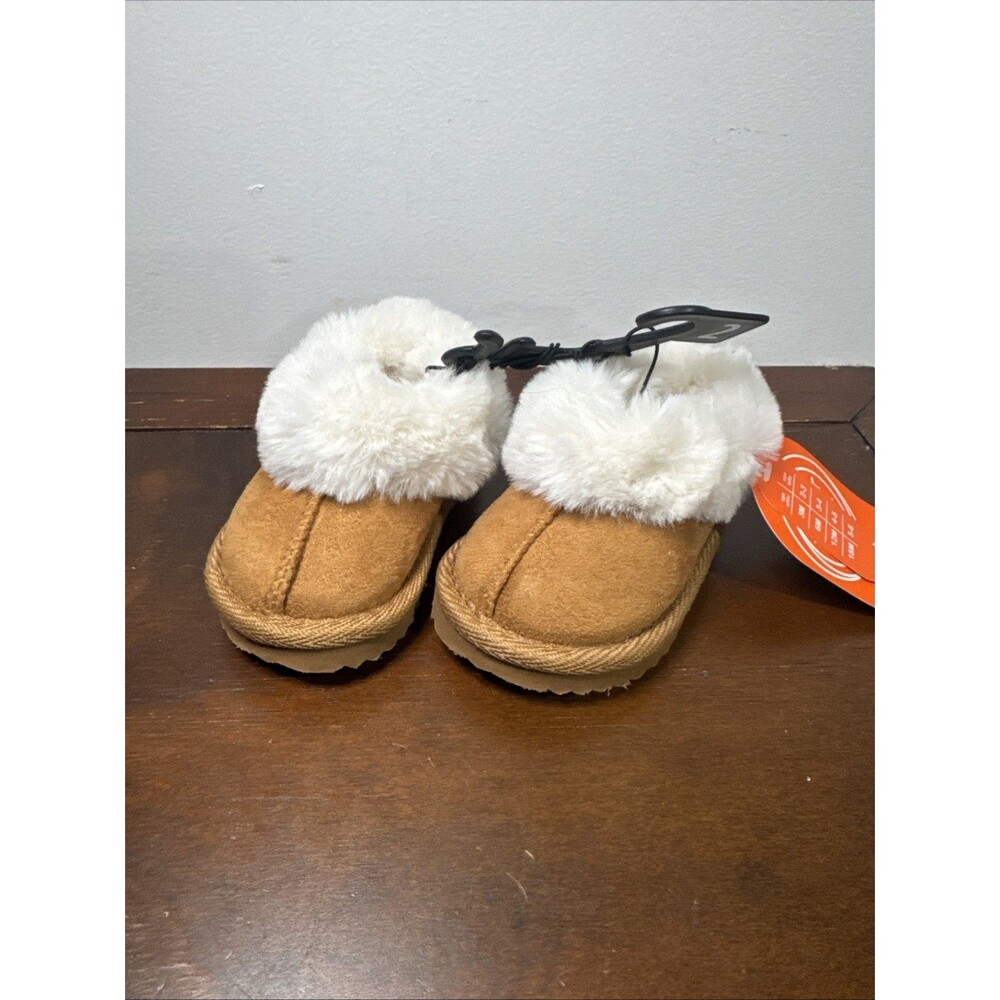 Wonder Nation Toddler Girls Tan White Fur Trim Slipper Shoes Size 2
